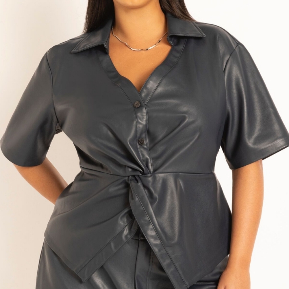 Eloquii Black Faux Leather Peplum awaist Twist Front Top 24